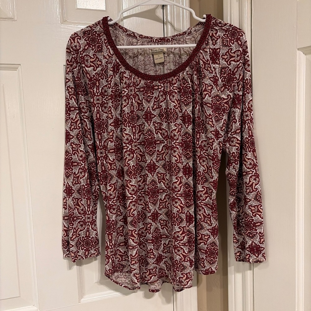 Lucky Brand Womens Medallion Print Top Red XL Crochet Trim Viscose